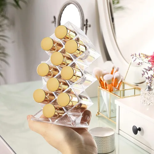 Miniatura 7 de Paquete de 3 soportes para lápices labiales, 30 espacios, acrílico, apilables, con forma de pez, soporte de exhibición de brillo de labios