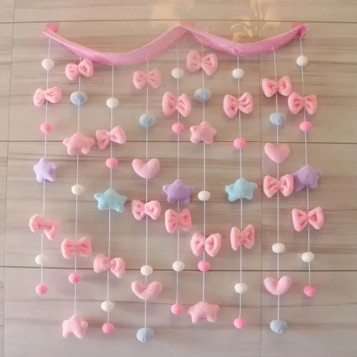 Cortinas Kawaii para dormitorio de niñas, decoración para colgar en la pared, bonita estrella esponjosa con lazo, guirnalda de pentáculos, cortina