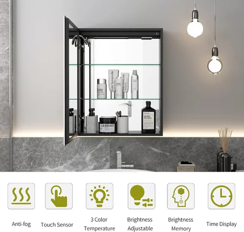 Miniatura 4 de Botiquín de baño con espejo, armario de baño LED de 20 x 26 pulgadas montado en la pared, espejo de tocador de baño con botón táctil, espejo
