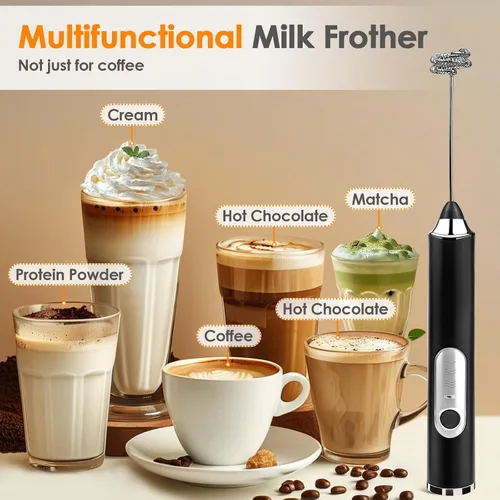 Miniatura 7 de Espumador de leche de mano, varita espumadora de café recargable con 2 batidores de acero inoxidable 3 velocidades, mezclador de bebidas, máquina