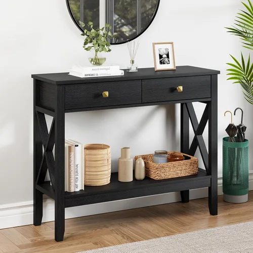 Miniatura 5 de Lomojo Mesa consola, mesa de sofá de 13.8 pulgadas de profundidad x 39.37 pulgadas de ancho x 31.5 pulgadas, mesa de entrada con 2 cajones, estante
