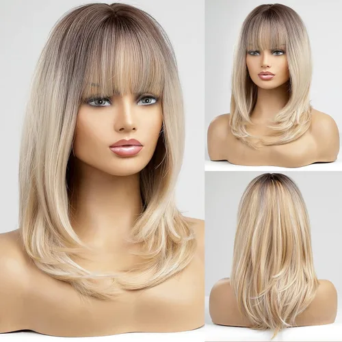 Miniatura 10 de Alanhair MEACO - Pelucas color castaño rojizo para mujer, pelucas largas en capas naranjas con flequillo, pelucas de fibra sintética resistentes al