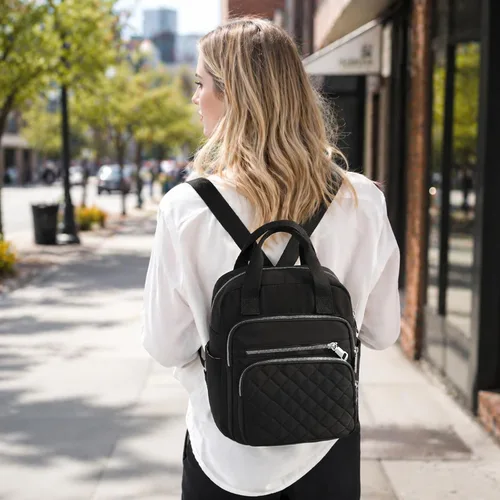 Miniatura 2 de Mochila pequeña para mujer, casual, acolchada, cuadrada, impermeable, con múltiples bolsillos, ligera, asa superior, Negro, Pequeño, Mochilas