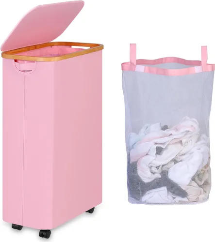 Miniatura 10 de iEGrow Cesta de lavandería delgada de 65L, cesta de lavandería estrecha con tapa, cesta de ropa plegable con asas de bambú, cesta de lavandería