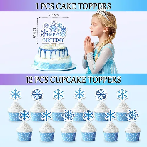 Miniatura 4 de Decoraciones de fiesta de cumpleaños de Frozen, suministros de fiesta de copos de nieve de invierno con pancarta de feliz cumpleaños, telón