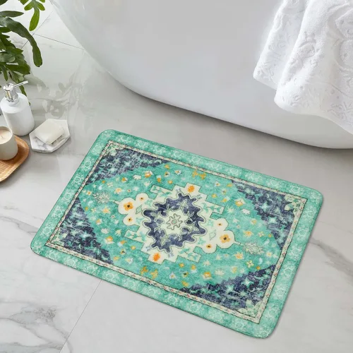 Miniatura 22 de Uphome Alfombra de baño vintage, azul, bohemio, antideslizante, oriental, suave, lavable a máquina, lindas alfombras de baño tribales florales