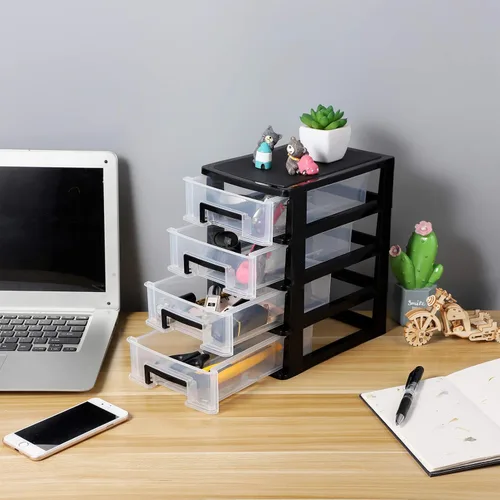 Miniatura 7 de Organizador de almacenamiento de escritorio de 4 cajones, contenedores de plástico, organizador de aparador para el hogar (negro y transparente)