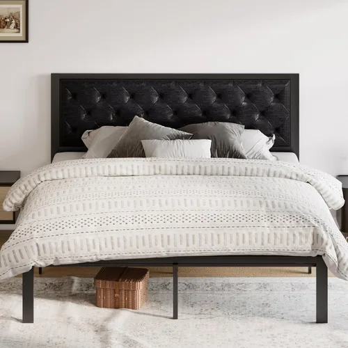 Miniatura 11 de Allewie Base de cama individual con cabecera tapizada de piel sintética, diseño elegante con costuras de diamante, no necesita somier, color negro