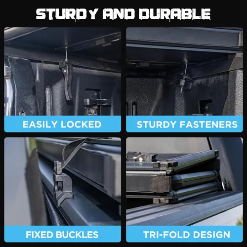 Miniatura 4 de Cubierta rígida de tres pliegues para plataforma de camioneta compatible con Nissan Frontier 2005-2025 de 5 pies de caja corta con o sin riel