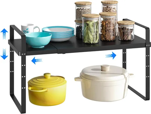 Organizador de estante expandible para gabinete, almacenamiento apilable para mostrador de despensa de cocina, soporte ajustable para armario, Negro