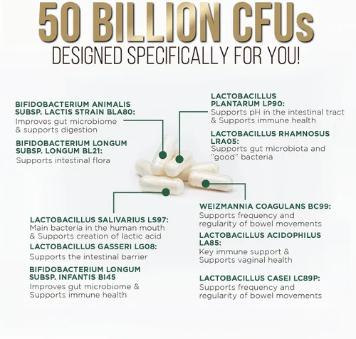Miniatura 3 de Probióticos 50 mil millones de UFC por porción – 10 cepas + prebióticos – Salud digestiva, intestinal e inmunitario – Apoyo ocasional
