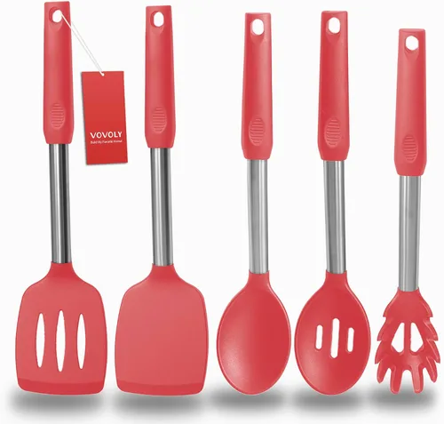 Miniatura 10 de Espátula de silicona y cuchara de cocina, paquete de 5 utensilios de cocina antiadherentes para la cocina, espátulas y cucharas sólidas y ranuradas