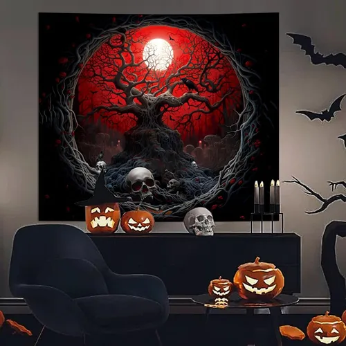 Miniatura 3 de Atrippy Tapiz de anime negro y rojo de Halloween, para colgar en la pared, diseño gótico de luna de bosque oscuro, calavera, árbol marchito