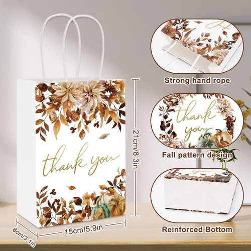 Miniatura 2 de AnyDesign 12 bolsas de regalo de agradecimiento de hojas de otoño con asa, bolsa de papel de otoño de lámina dorada para Acción de Gracias, boda