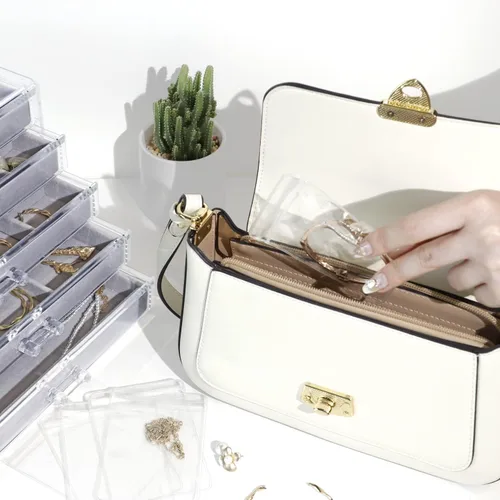 Miniatura 4 de KAMIER Caja organizadora de aretes con 5 cajones, caja organizadora de joyas de acrílico transparente para mujeres, juego de 20 bolsas de joyería