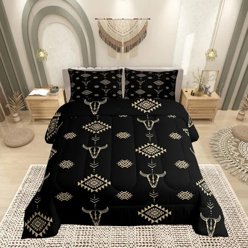 Miniatura 50 de Castle Fairy Juego de edredón con estampado azteca occidental, juego de ropa de cama geométrica a rayas marrones para niños y adolescentes