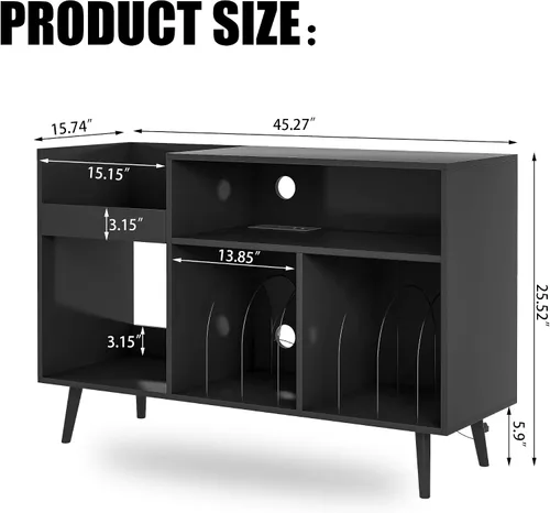 Miniatura 7 de Soporte para tocadiscos, armario de almacenamiento de discos de vinilo con toma de corriente, capacidad para hasta 350 álbumes, mesa de soporte
