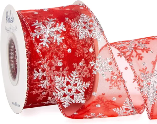 Miniatura 9 de Ribbli Cinta con alambre de purpurina de copo de nieve, organza dorada transparente con patrón de copo de nieve con purpurina dorada y borde