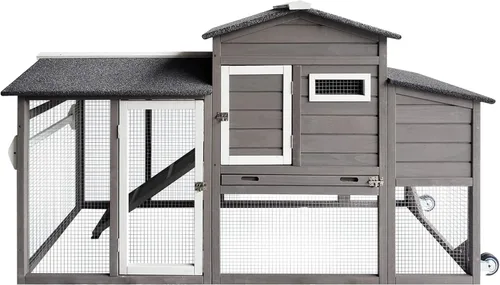 Miniatura 14 de Gowoodhut Gallinero de madera maciza con jaula grande de 2 pisos, techo de asfalto, caja nido, ruedas de PU, perca de pollo con poste Techo