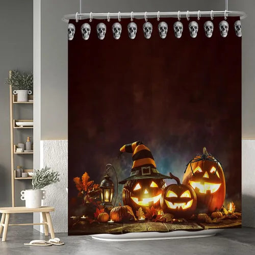 Miniatura 71 de Cortina de ducha de fantasma y gato negro para niños, 36 x 72 pulgadas, espeluznante y bonita, cortina de baño de Halloween con 6 ganchos, cortina