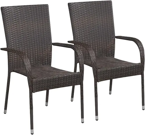 2 sillas de comedor de ratán para patio, sillas de patio apilables para exteriores, ratán de polietileno con reposabrazos y marco de acero, juego de