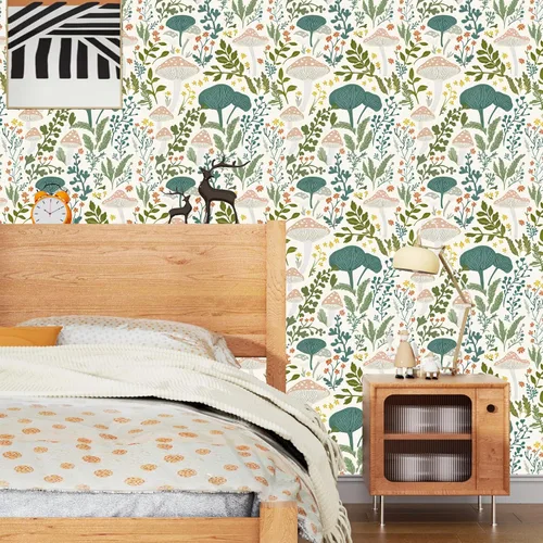 Miniatura 6 de Papel tapiz floral de hongos rosados para despegar y pegar, papel de contacto bohemio con hojas verdes claras, acuarela, colorido mural de pared