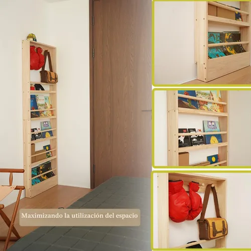 Miniatura 7 de Estantería de madera para niños, estante de montaje en pared con ganchos, organizador para juguetes y libros, ahorro de espacio con ganchos