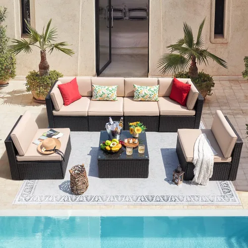Devoko Juego de 7 muebles seccionales para exteriores para sofá de patio, tejido manual, mimbre de mimbre, juegos de conversación para patio con