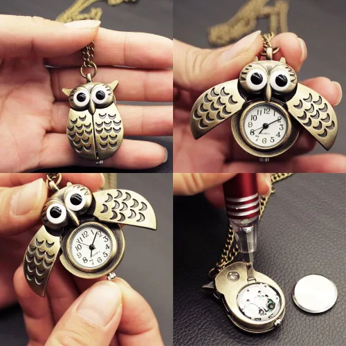 Miniatura 3 de Reloj de bolsillo vintage con diseño de búho volador, collar con colgante de suéter de cadena larga, para mujeres, hombres, niños y niñas, regalo