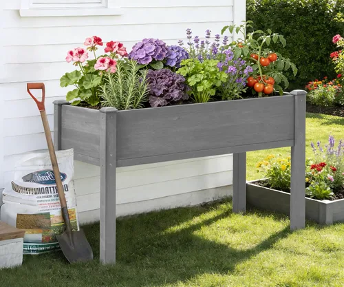 Miniatura 2 de Cama de jardín elevada de 48 x 24 x 30 pulgadas con patas, maceta de madera elevada para plantas al aire libre Gris