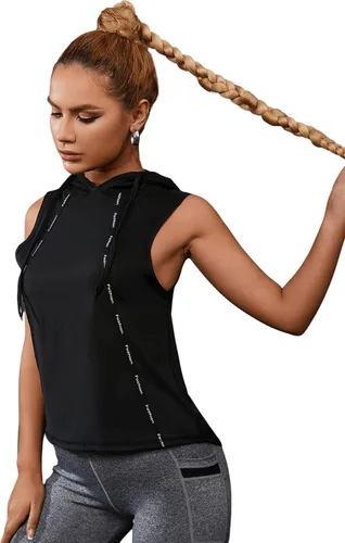 Miniatura 4 de SweatyRocks Camiseta sin mangas con capucha para mujer, con estampado de letras, de secado rápido