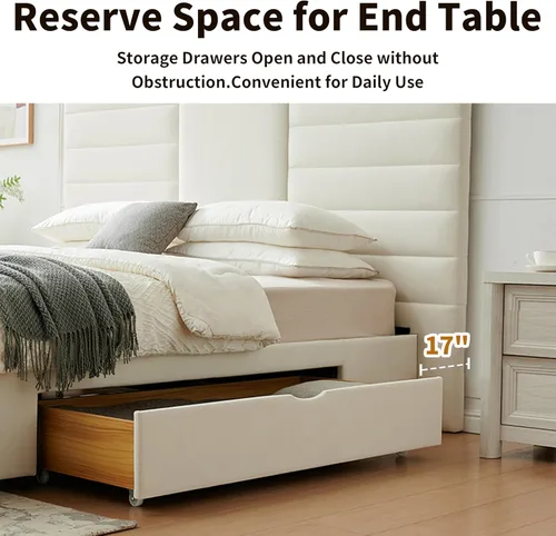 Miniatura 9 de Base de cama Queen de 63.6 pulgadas de alto, base de cama tapizada con 2 cajones de almacenamiento, listones de madera resistentes, sin ruido,