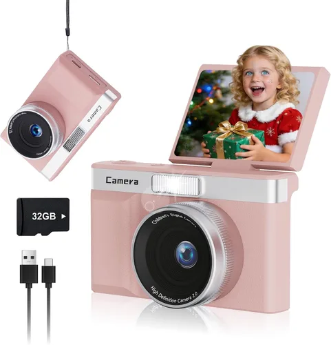 Cámara para niños, cámara digital 1080P de 5MP para niños con pantalla abatible de 180° y tarjeta SD de 32 GB, cámara de juguete retro para niños y
