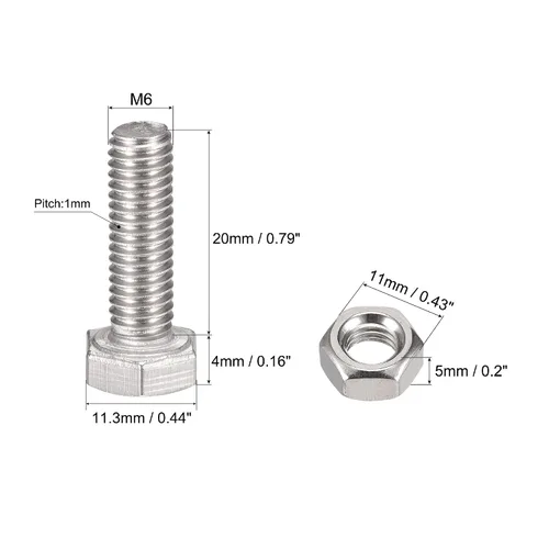 Miniatura 2 de uxcell Tornillos de cabeza hexagonal M6 x 0.787 in, tuercas, kits de arandelas planas y de bloqueo, pernos hexagonales de rosca completa de acero