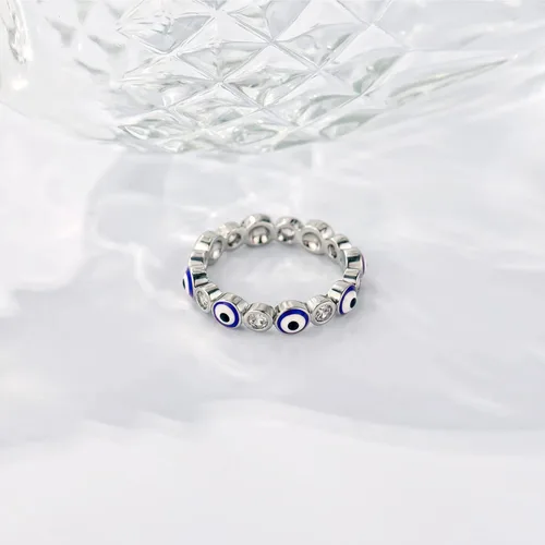 Miniatura 2 de Esbbela Anillo contra el mal de ojo para mujer, chapado en oro blanco de 18 quilates, banda de ojo turco con circonita cúbica, anillo de compromiso
