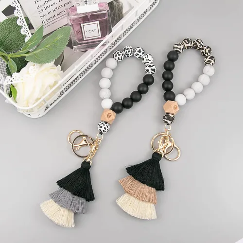 Miniatura 6 de Bisanzoya Llavero de cuentas con borla, pulsera de silicona para llavero, bonita pulsera bohemia para mujer