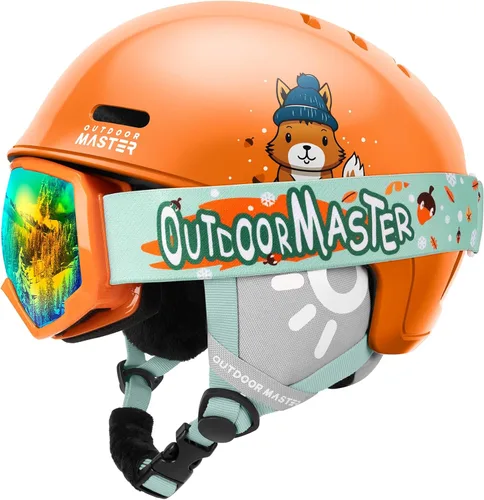 OutdoorMaster - Juego de casco y gafas de esquí para niños, casco de snowboard, carcasa de PC duradera y espuma EPS, casco de nieve con 12 Naranja