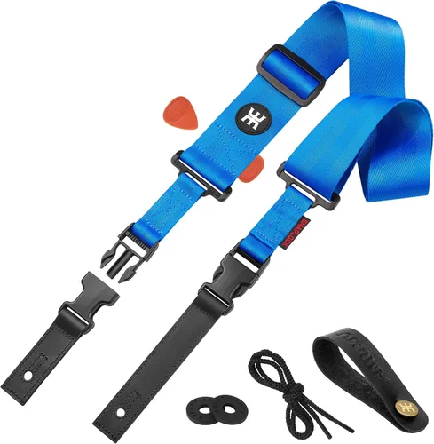 Miniatura 11 de Amumu Correa de nailon SNAPLOCK para guitarra con hebilla de clip para acústico, eléctrico, bajo con bloques de correa y corbata de cabeza, Verde