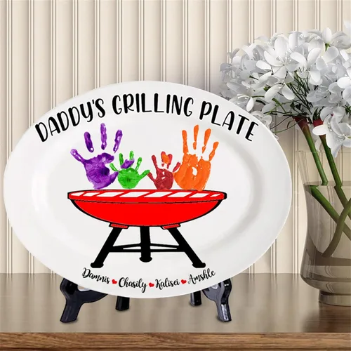 Plato personalizado para asar para papá con nombres de niños, arte infantil, placa de servicio de impresión de mano para la familia, placa de