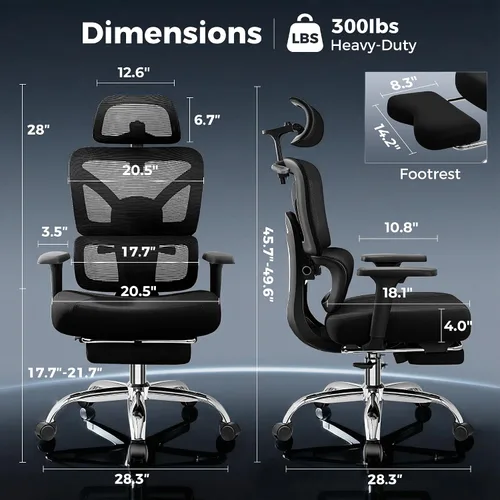 Miniatura 2 de Silla de oficina ergonómica con reposapiés, silla de escritorio grande y alta, silla de computadora con respaldo alto con brazos 3D y soporte Negro
