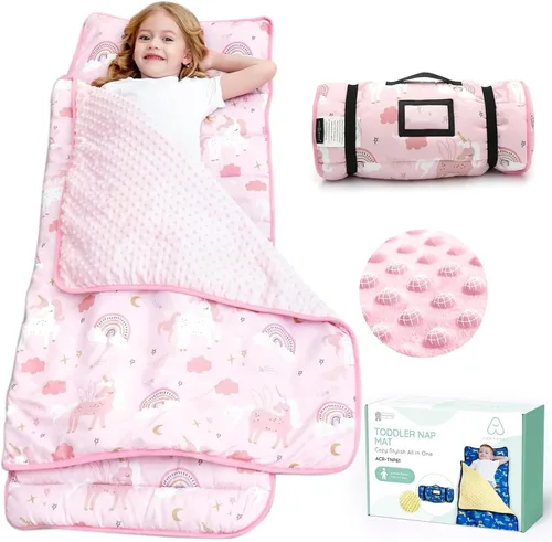 ACRABROS Toddler Nap Mat with Pillow and Blanket, Large Rolled Napping Mats,Slumber Bags for Boys Girls,Kids Sleeping Bag for Daycare, Preschool