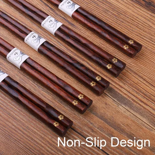 Miniatura 4 de GLAMFIELDS Palillos reutilizables japoneses de madera natural estilo clásico 5 pares Palillos ligeros tallados a mano seguros 22.5cm/8.8 pulgadas