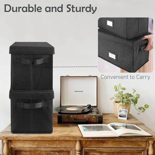 Miniatura 2 de Woodoulogy Caja de almacenamiento de discos de vinilo para LPs de 7 pulgadas/45 RPM, caja negra con tapa con capacidad para hasta 80 álbumes