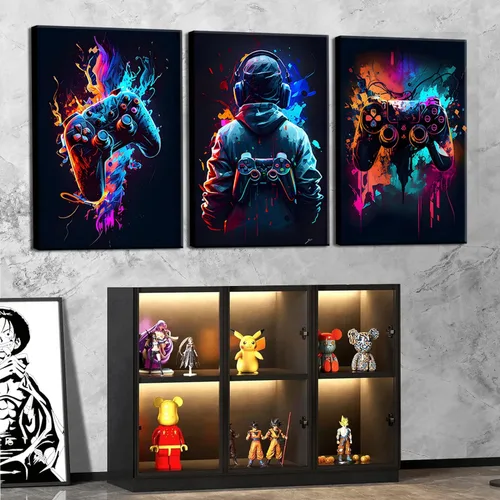 Miniatura 4 de 3 piezas de arte de pared de videojuegos geniales retro acuarela pósters cuadros coloridos neón gamepad lienzo pintura impresiones para habitación