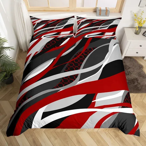 Miniatura 5 de Manfei Juego de funda de edredón rojo y gris, tamaño individual, funda de edredón de círculo de rayas onduladas abstractas con 1 funda de almohada