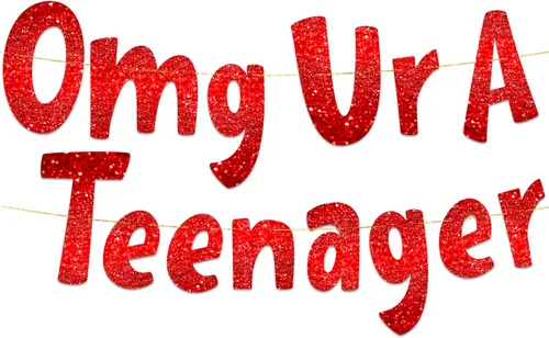 Miniatura 6 de Cartel OMG con purpurina negra Ur A Teenager pre-encordado, decoraciones de cumpleaños número 13 para niños y niñas, suministros y regalos