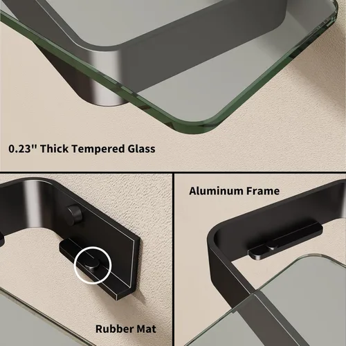 Miniatura 6 de Danpoo Estante de Pared Pequeña de 8 Pulgadas, Vidrio Templado Transparente con Marco de Aluminio Negro Mate – Elegante Organizador Flotante