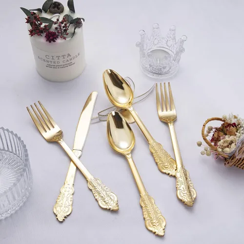 Miniatura 3 de NOCCUR Juego de cubiertos de plástico dorado de 180 piezas, cubiertos desechables de plástico dorado, incluye 60 tenedores, 60 cucharas, 60