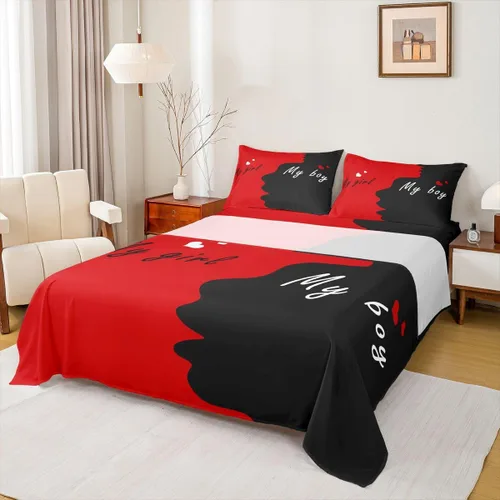 Miniatura 17 de Dog Side My Side - Juego de sábanas de tamaño Queen, color negro y blanco, sábana bajera ajustable para mujeres y hombres, sábanas románticas