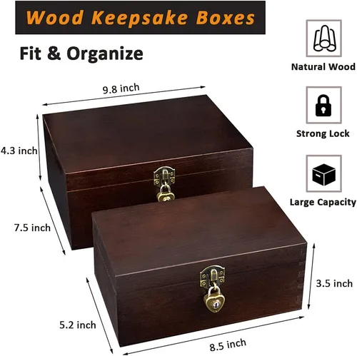 Miniatura 2 de Juego de 2 cajas de almacenamiento de madera con cerradura y llaves, caja decorativa de madera para recuerdos con tapa con bisagras, cofre